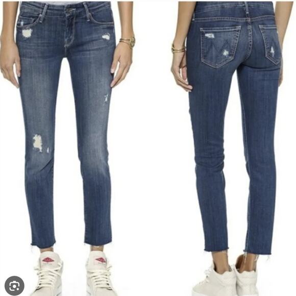 Mother The Looker Ankle Fray Alley Cat Dark Wash Distress Denim Skinny Jeans 29 - Picture 1 of 13
